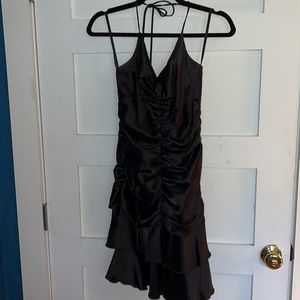 Black, satin cocktail dress, size 7/8. Halter top Worn once